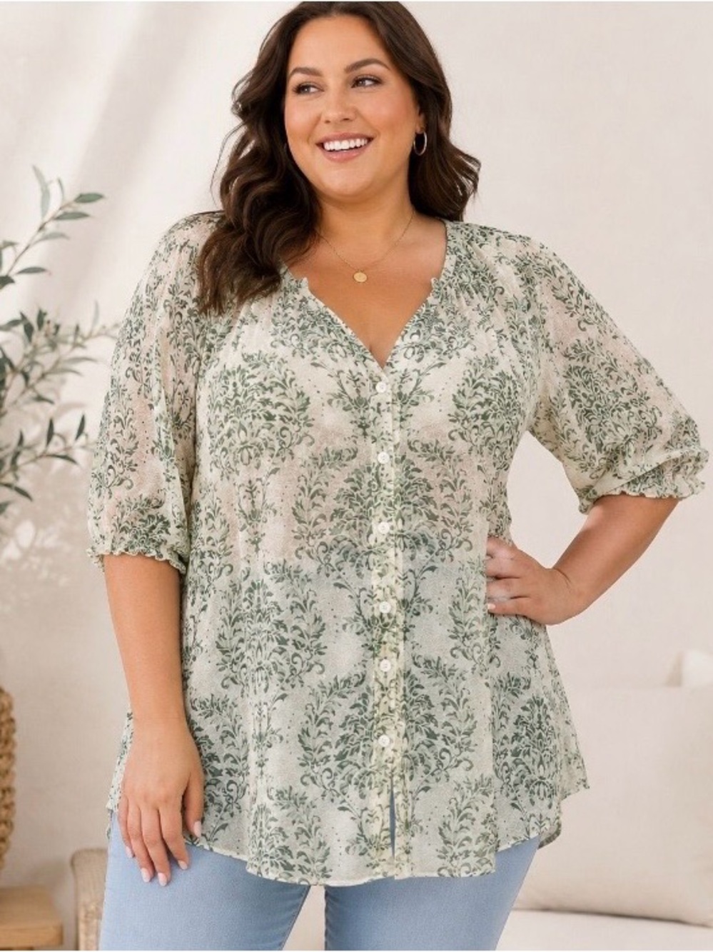 Plus Size Button-Front Blouse in Sage Floral